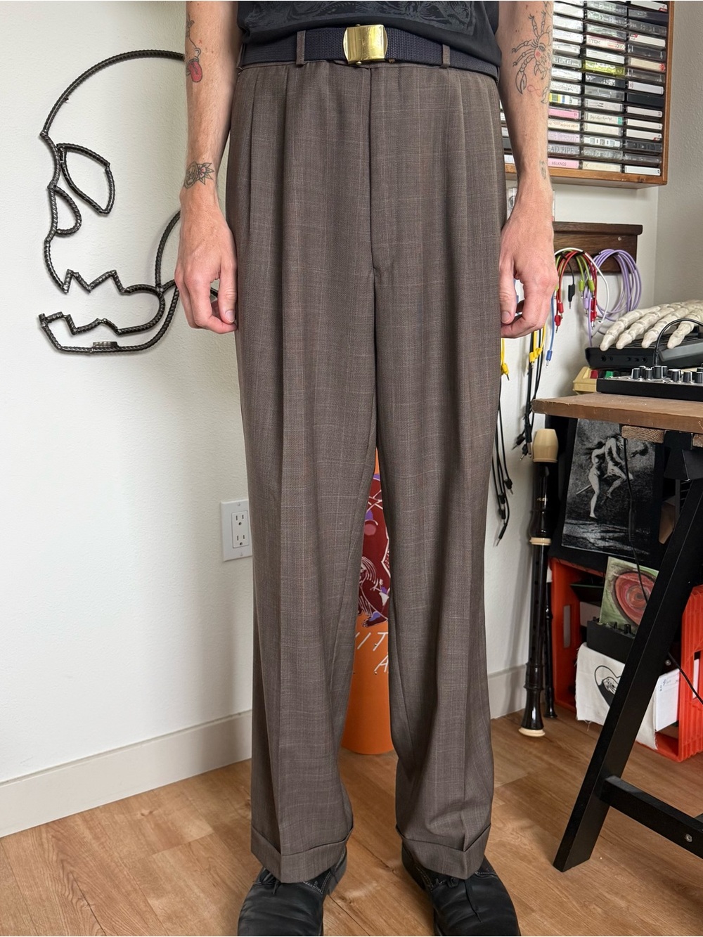 Vintage 80s 90s Brown Plaid High Waisted Pleated Trousers ~ 35 X 31